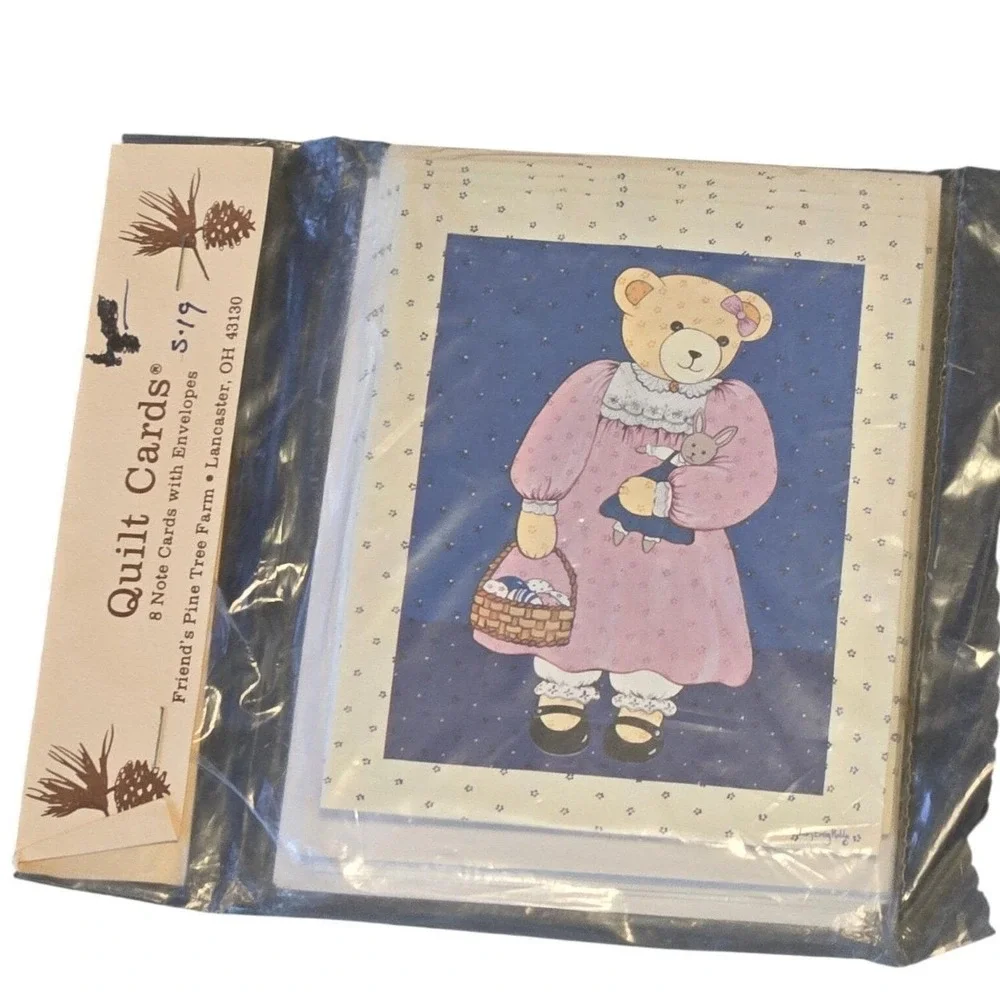 Vintage 90s Teddy Bear‎ Note Card Set of 8 Cottagecore Folk Art Stationery